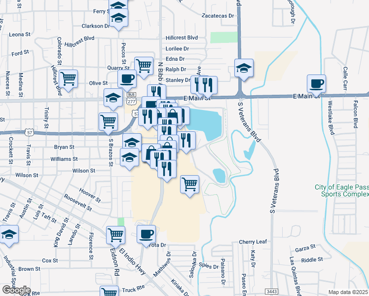 map of restaurants, bars, coffee shops, grocery stores, and more near 408 South Texas in Eagle Pass