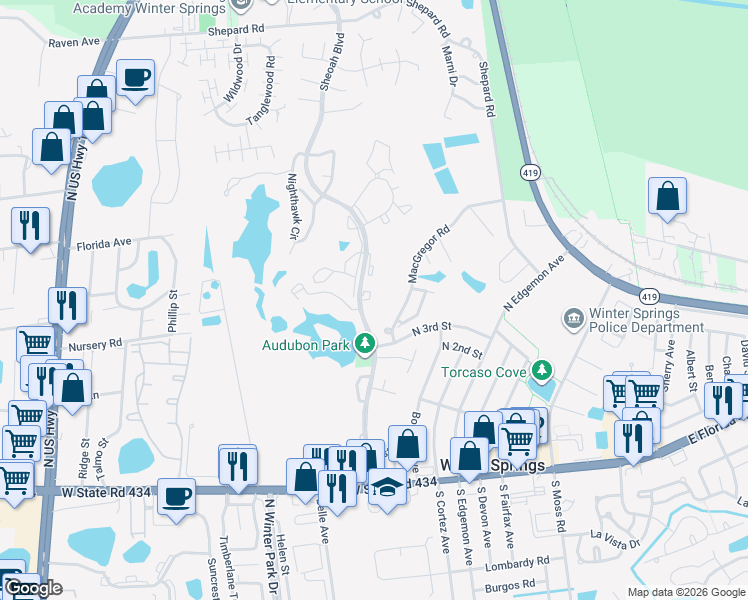 map of restaurants, bars, coffee shops, grocery stores, and more near 411 Sheoah Boulevard in Winter Springs