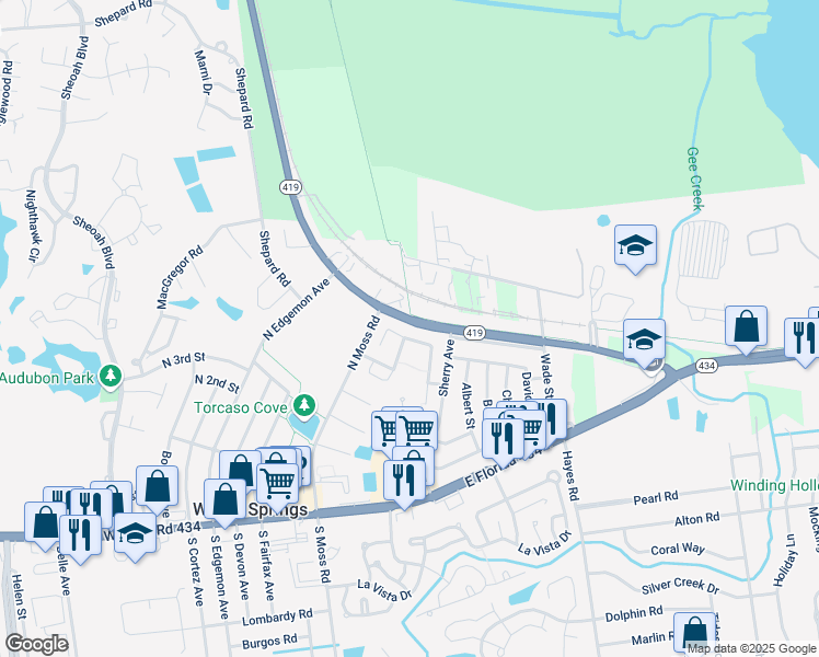 map of restaurants, bars, coffee shops, grocery stores, and more near 270 San Gabriel Street in Winter Springs