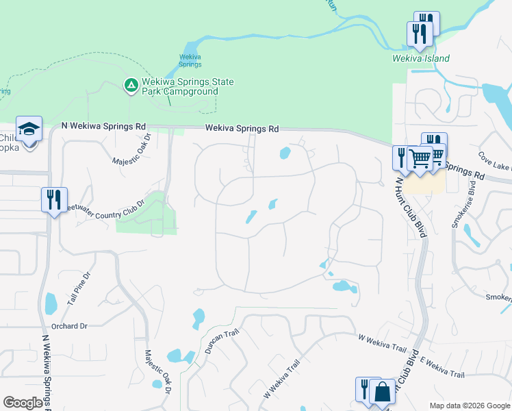 map of restaurants, bars, coffee shops, grocery stores, and more near 303 Sweetwater Club Circle in Longwood