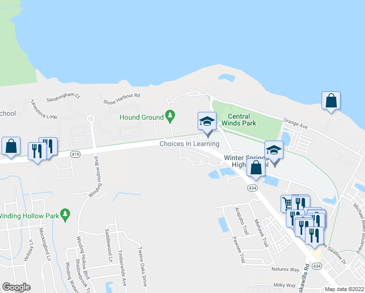 map of restaurants, bars, coffee shops, grocery stores, and more near 480 Tradition Lane in Winter Springs
