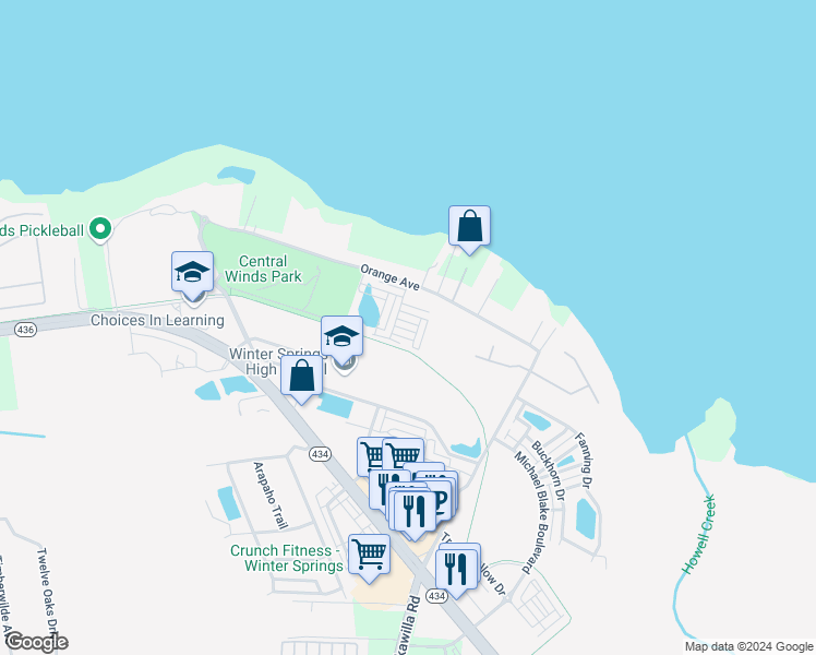 map of restaurants, bars, coffee shops, grocery stores, and more near 495 Mill Pond Lane in Winter Springs