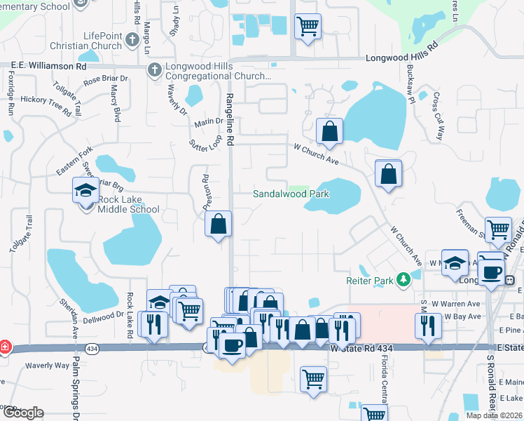 map of restaurants, bars, coffee shops, grocery stores, and more near 679 Wildflower Court North in Longwood