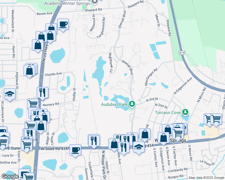 map of restaurants, bars, coffee shops, grocery stores, and more near 106 Silver Sea Road in Winter Springs