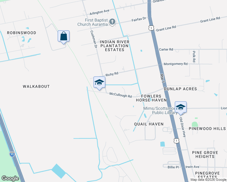 map of restaurants, bars, coffee shops, grocery stores, and more near 4028 McCullough Road in Mims
