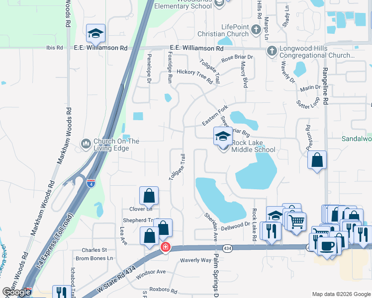 map of restaurants, bars, coffee shops, grocery stores, and more near 188 Tollgate Trail in Longwood