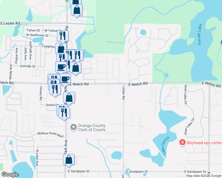 map of restaurants, bars, coffee shops, grocery stores, and more near 410 East Welch Road in Apopka