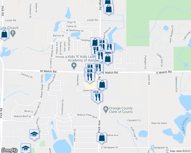 map of restaurants, bars, coffee shops, grocery stores, and more near 1490 Rock Springs Road in Apopka