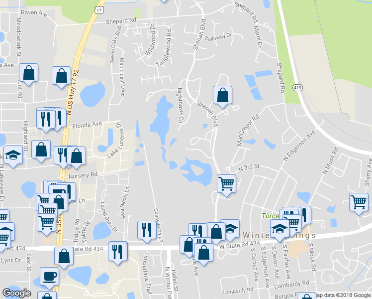 map of restaurants, bars, coffee shops, grocery stores, and more near 100 Silver Sea Road in Winter Springs