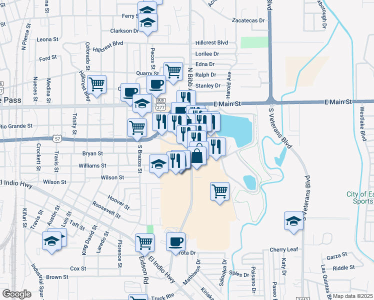 map of restaurants, bars, coffee shops, grocery stores, and more near 354 South Bibb Avenue in Eagle Pass