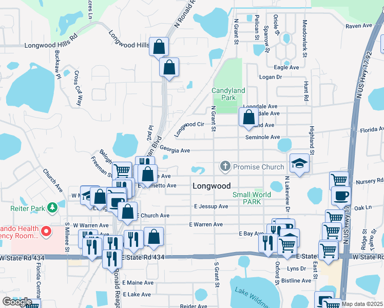 map of restaurants, bars, coffee shops, grocery stores, and more near 416 Georgia Avenue in Longwood