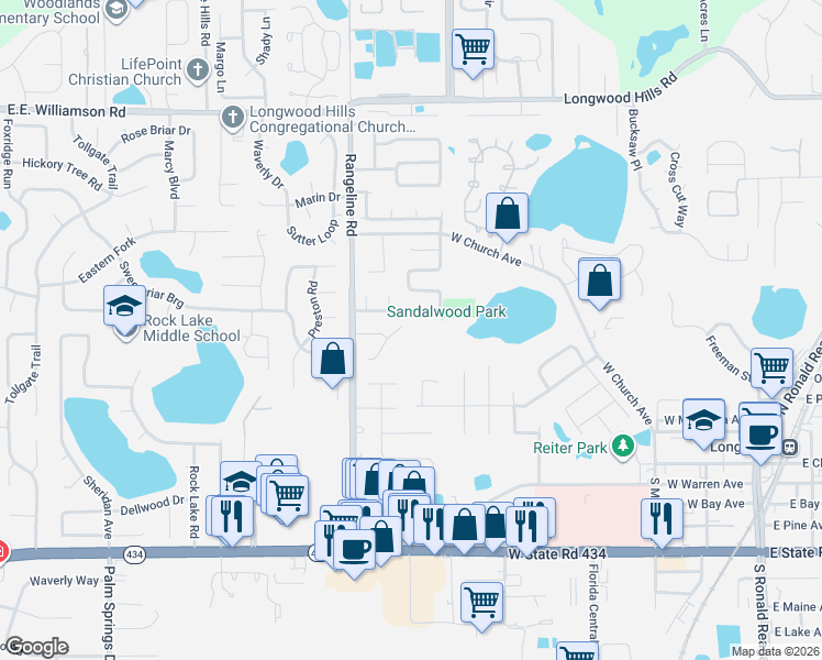 map of restaurants, bars, coffee shops, grocery stores, and more near 679 Wildflower Court North in Longwood