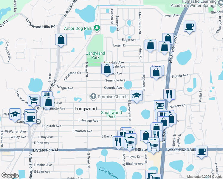map of restaurants, bars, coffee shops, grocery stores, and more near 670 Georgia Avenue in Longwood
