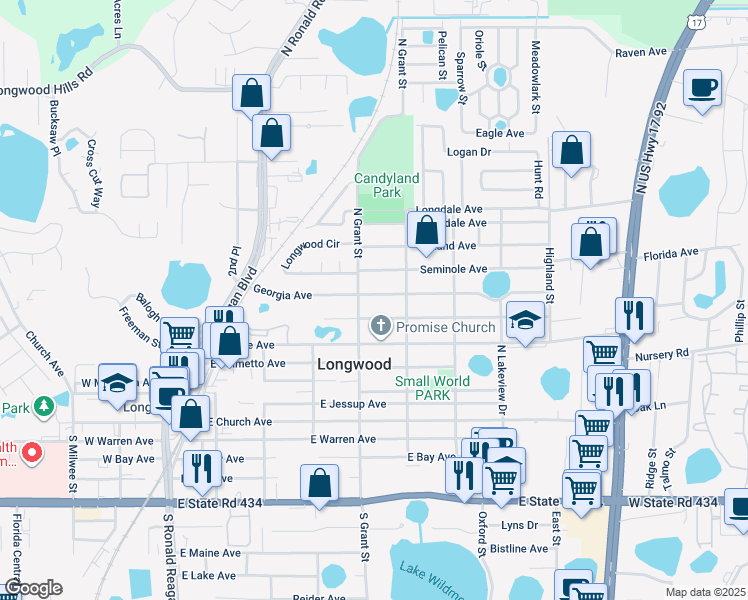 map of restaurants, bars, coffee shops, grocery stores, and more near 520 Georgia Avenue in Longwood