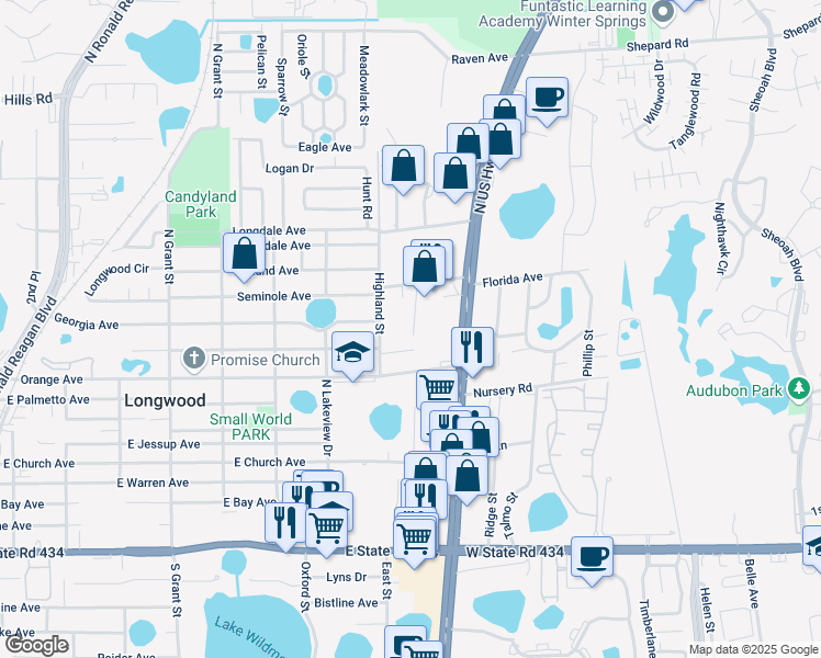 map of restaurants, bars, coffee shops, grocery stores, and more near 132 Bomar Court in Longwood