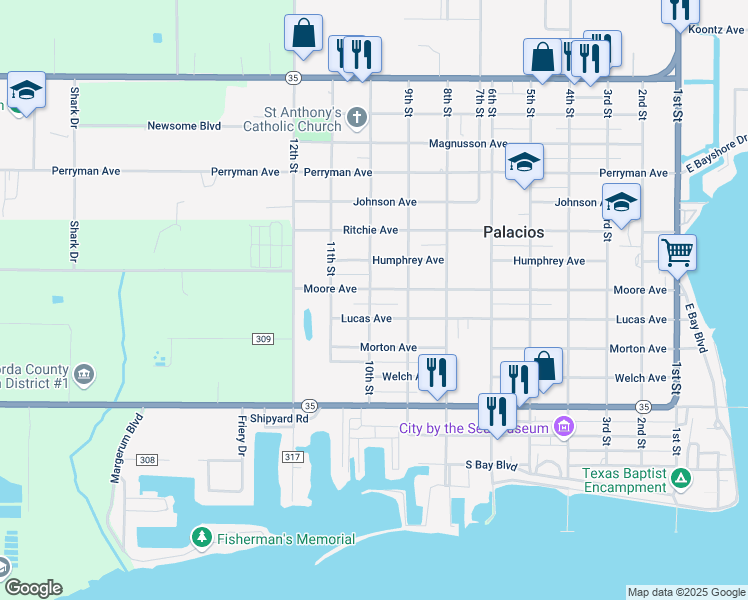 map of restaurants, bars, coffee shops, grocery stores, and more near 610 10th Street in Palacios