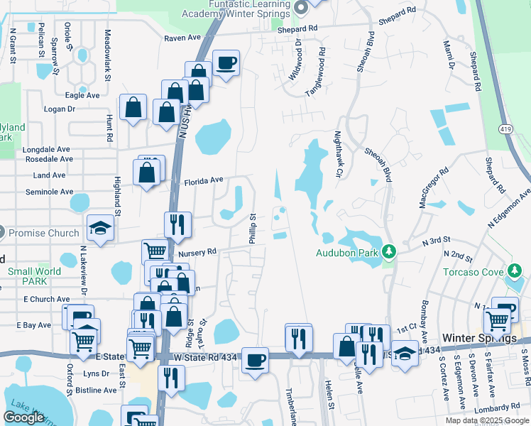 map of restaurants, bars, coffee shops, grocery stores, and more near 205 Lew Drive in Winter Springs