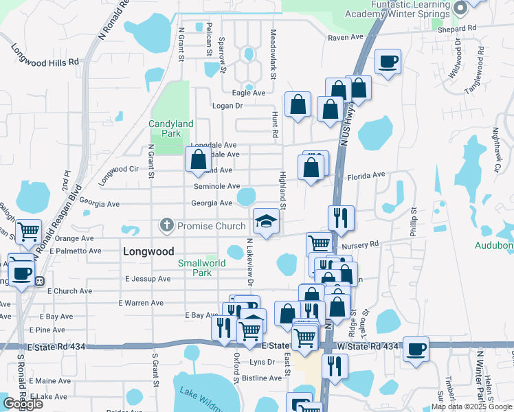 map of restaurants, bars, coffee shops, grocery stores, and more near 830 Georgia Avenue in Longwood