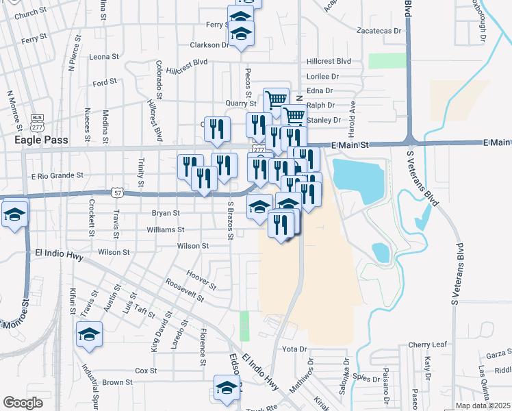 map of restaurants, bars, coffee shops, grocery stores, and more near 2176 East Garrison Street in Eagle Pass
