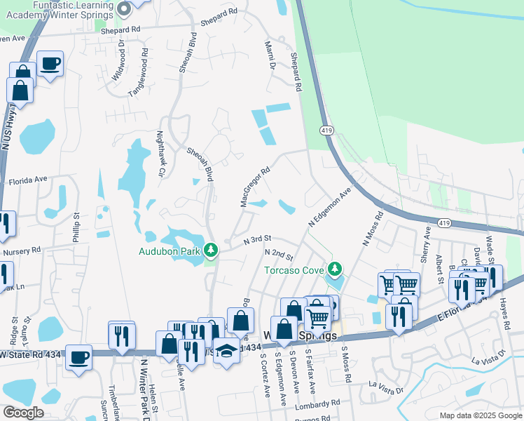 map of restaurants, bars, coffee shops, grocery stores, and more near 301 Montrose Street in Winter Springs