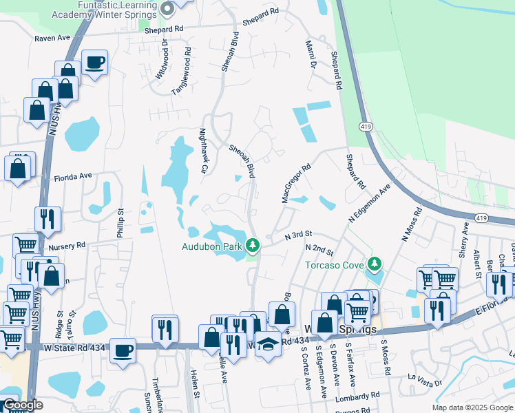 map of restaurants, bars, coffee shops, grocery stores, and more near 411 Sheoah Boulevard in Winter Springs