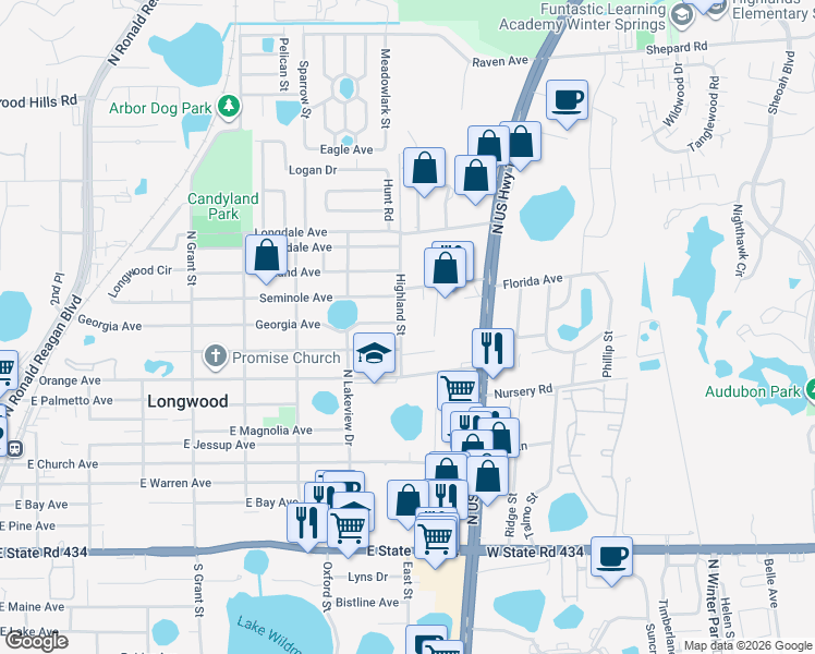 map of restaurants, bars, coffee shops, grocery stores, and more near 677 Highland Street in Longwood