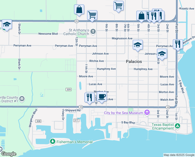 map of restaurants, bars, coffee shops, grocery stores, and more near 610 10th Street in Palacios