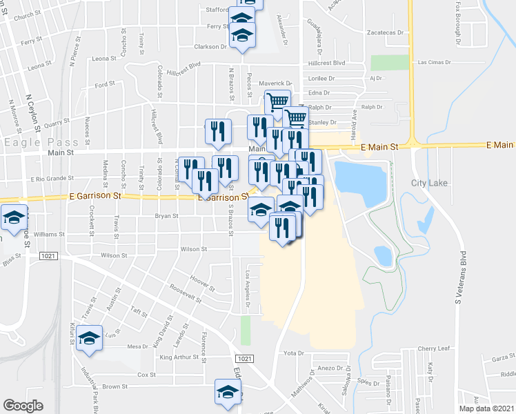 map of restaurants, bars, coffee shops, grocery stores, and more near 2176 East Garrison Street in Eagle Pass