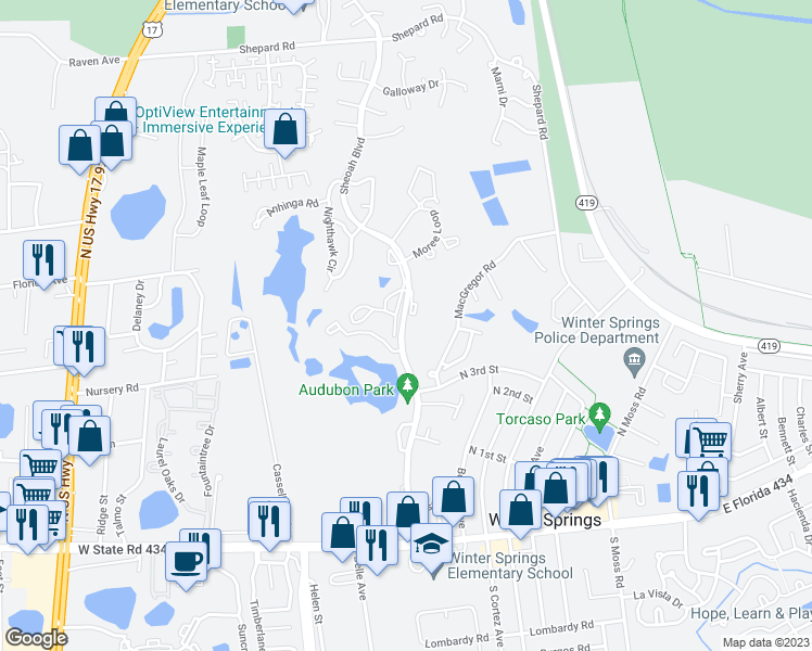 map of restaurants, bars, coffee shops, grocery stores, and more near 411 Sheoah Boulevard in Winter Springs