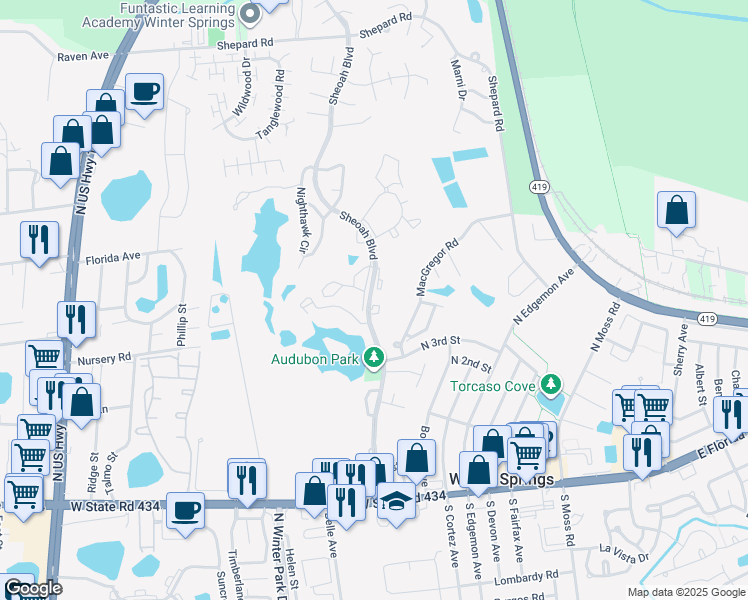 map of restaurants, bars, coffee shops, grocery stores, and more near 411 Sheoah Boulevard in Winter Springs