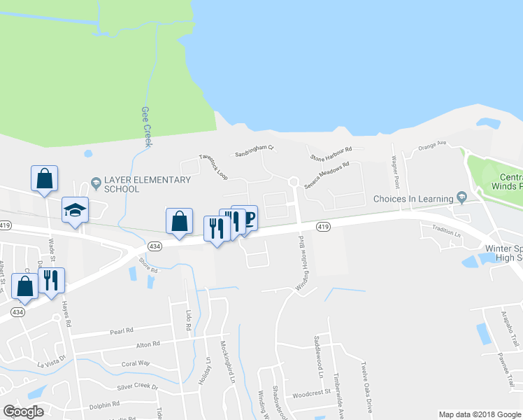 map of restaurants, bars, coffee shops, grocery stores, and more near 517 Cruz Bay Circle in Winter Springs