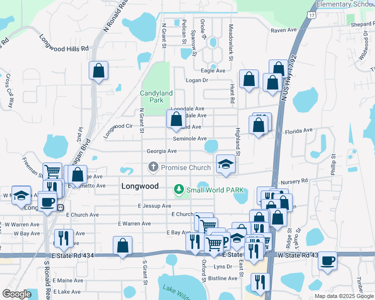 map of restaurants, bars, coffee shops, grocery stores, and more near 687 Georgia Avenue in Longwood