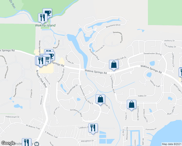 map of restaurants, bars, coffee shops, grocery stores, and more near 300 Sweetwater Creek Court in Longwood