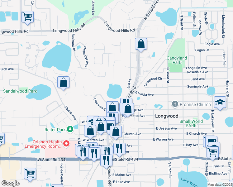 map of restaurants, bars, coffee shops, grocery stores, and more near 650 North Ronald Reagan Boulevard in Longwood