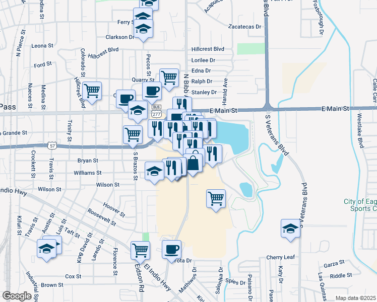 map of restaurants, bars, coffee shops, grocery stores, and more near 354 South Bibb Avenue in Eagle Pass
