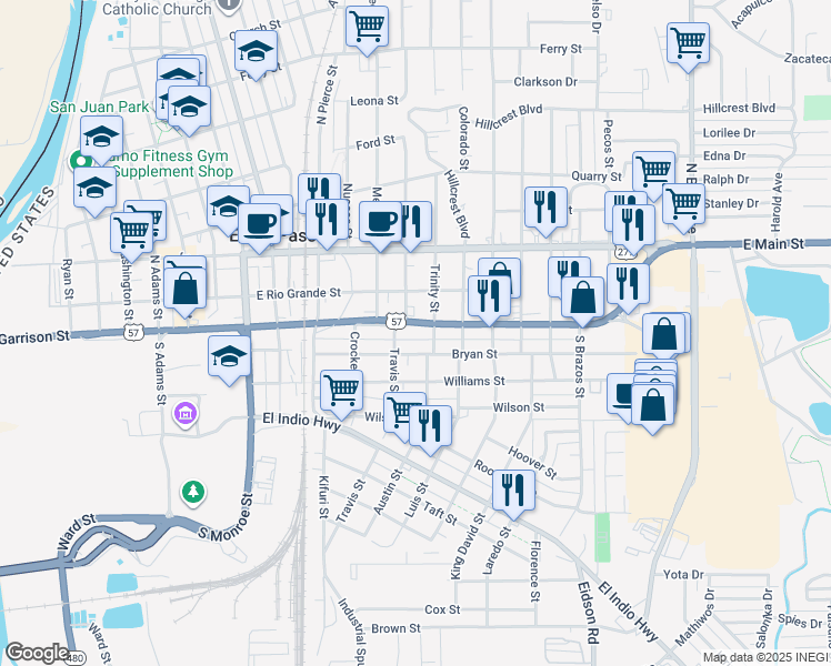 map of restaurants, bars, coffee shops, grocery stores, and more near 1445 Bryan Street in Eagle Pass