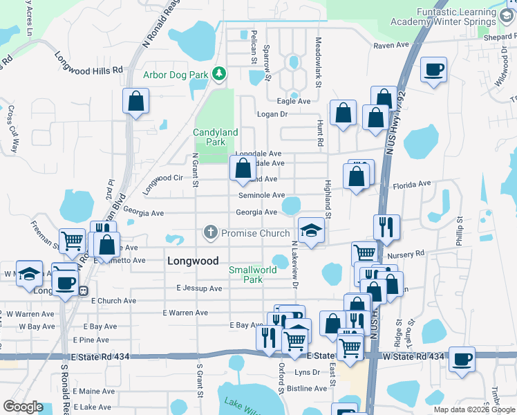 map of restaurants, bars, coffee shops, grocery stores, and more near 670 Georgia Avenue in Longwood