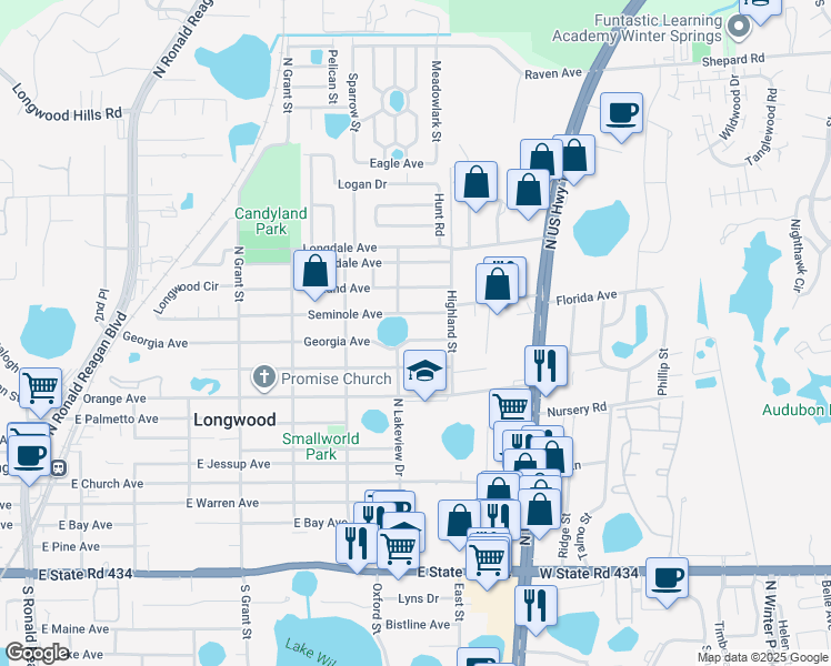 map of restaurants, bars, coffee shops, grocery stores, and more near 830 Georgia Avenue in Longwood