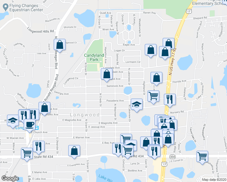 map of restaurants, bars, coffee shops, grocery stores, and more near 670 Georgia Avenue in Longwood
