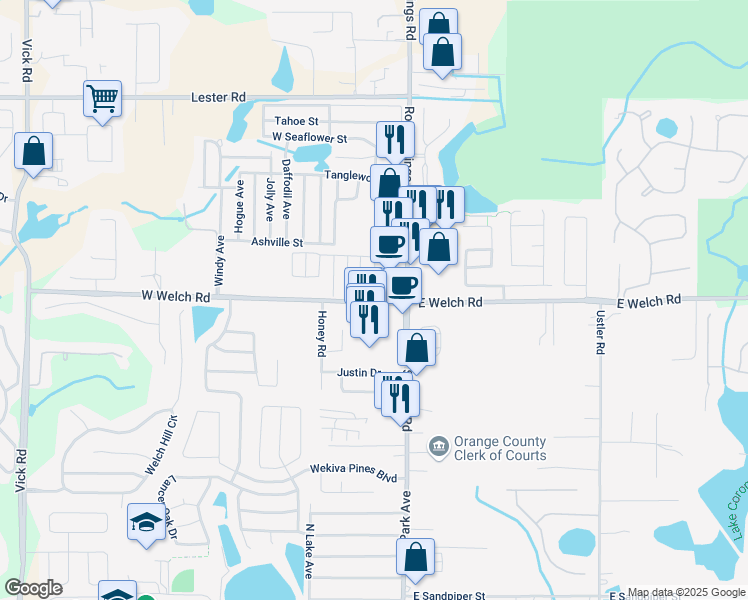 map of restaurants, bars, coffee shops, grocery stores, and more near 1490 Rock Springs Road in Apopka