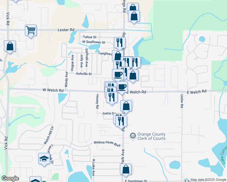 map of restaurants, bars, coffee shops, grocery stores, and more near 1490 Rock Springs Road in Apopka