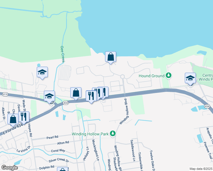 map of restaurants, bars, coffee shops, grocery stores, and more near 501 Cruz Bay Circle in Winter Springs