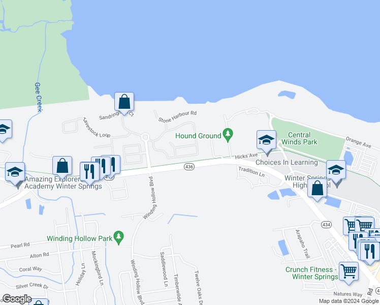 map of restaurants, bars, coffee shops, grocery stores, and more near 785 Seneca Meadows Road in Winter Springs