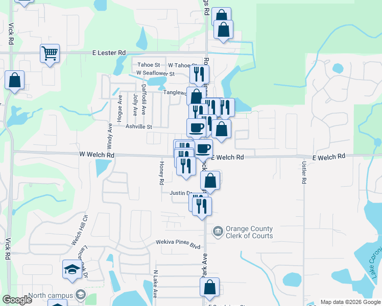 map of restaurants, bars, coffee shops, grocery stores, and more near 1490 Rock Springs Road in Apopka