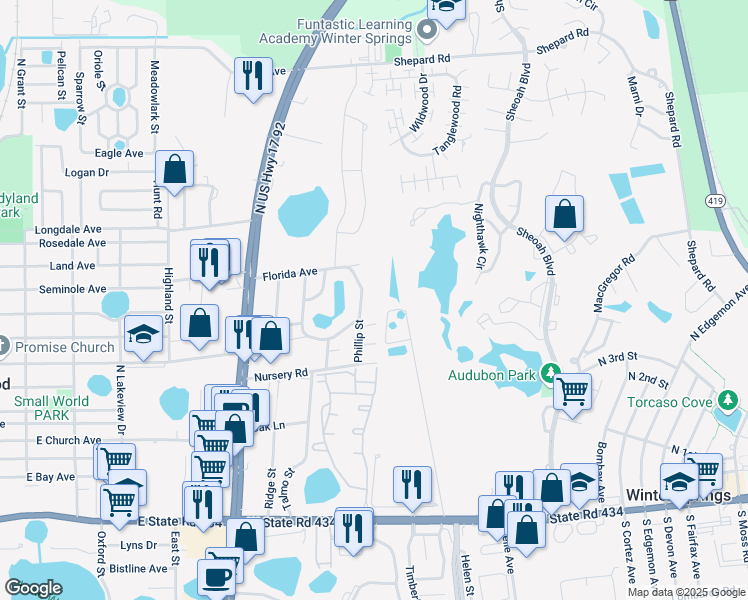 map of restaurants, bars, coffee shops, grocery stores, and more near 205 Lew Drive in Winter Springs