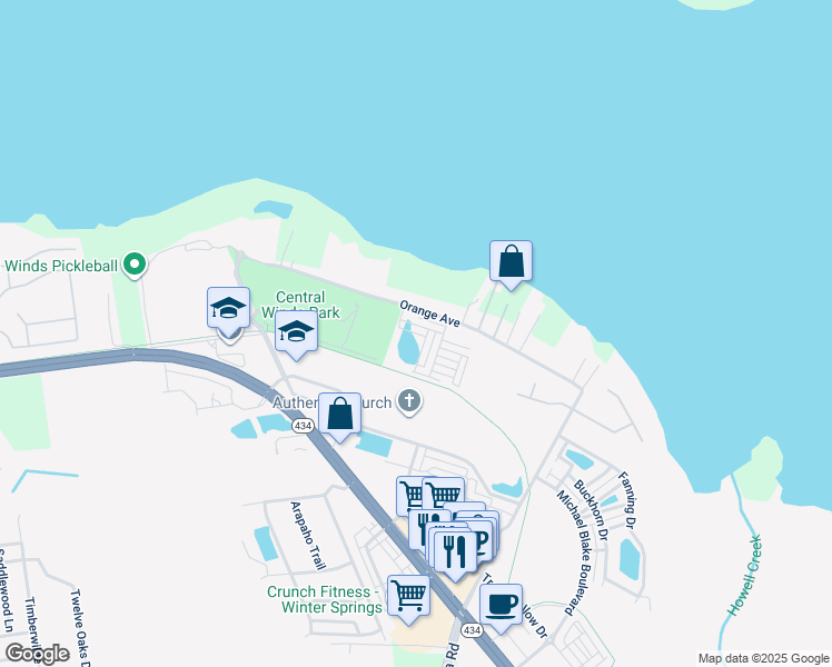 map of restaurants, bars, coffee shops, grocery stores, and more near 1043 Cedar Bay Lane in Winter Springs