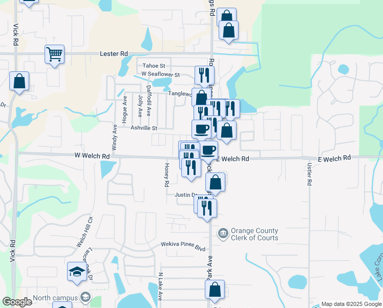map of restaurants, bars, coffee shops, grocery stores, and more near 74 Frisco Court in Apopka