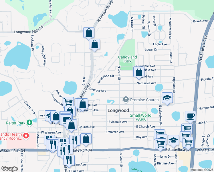 map of restaurants, bars, coffee shops, grocery stores, and more near 416 Longwood Circle in Longwood