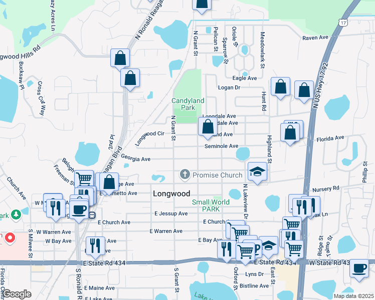 map of restaurants, bars, coffee shops, grocery stores, and more near 542 Land Avenue in Longwood