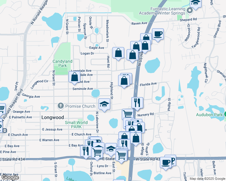 map of restaurants, bars, coffee shops, grocery stores, and more near 753 Highland Street in Longwood